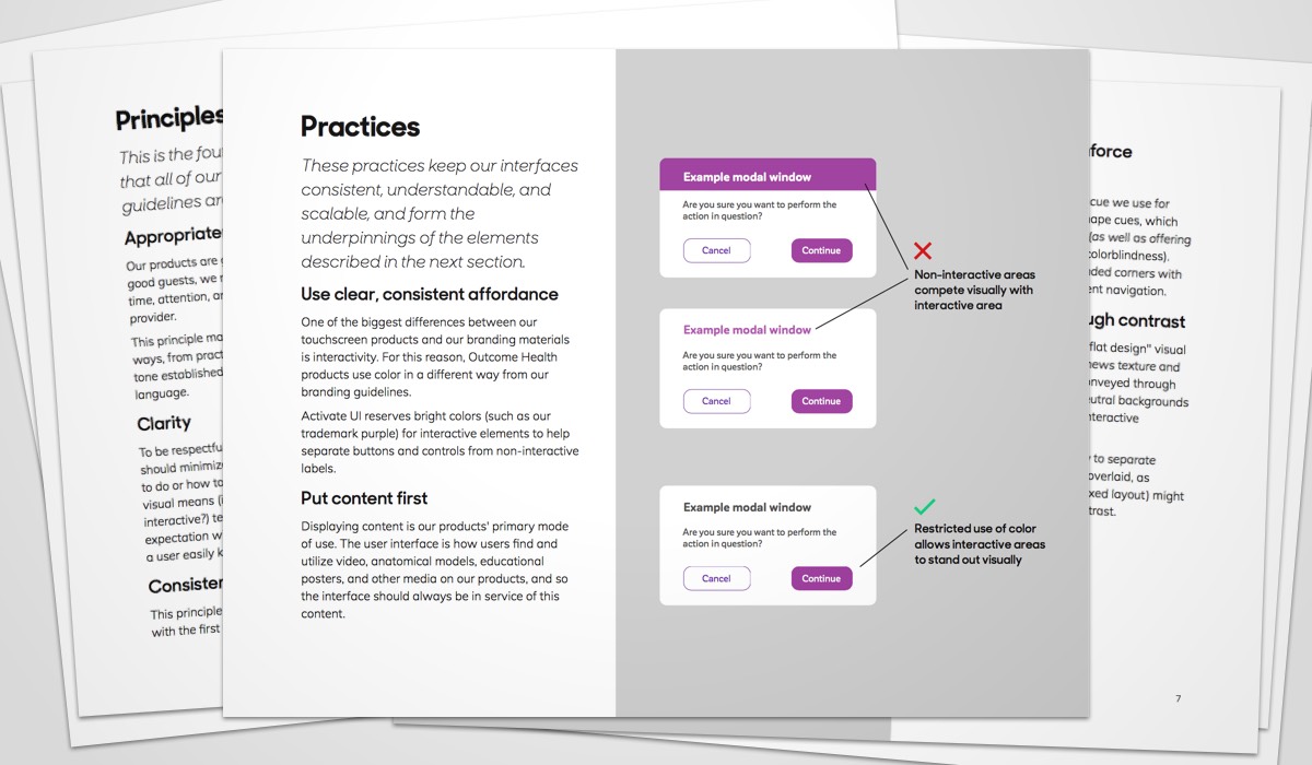 A page from the design manual I wrote shows how Activate UI employs color for visual hierarchy.