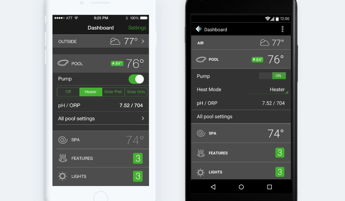 The iOS home screen compared with the Android adaptation. Though the changes are subtle, they include respecting platform conventions such as not using carats for listview navigation in Material Design.